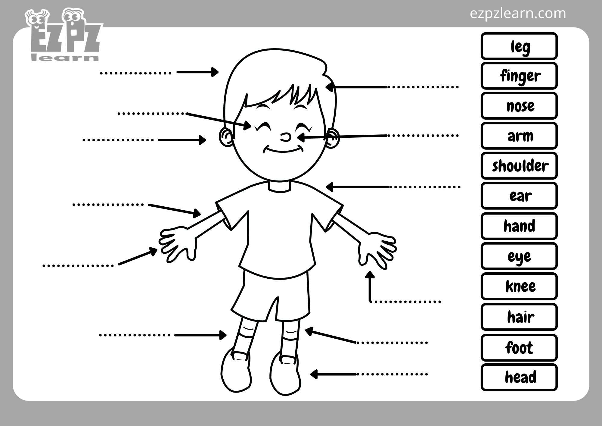 Body Coloring Page Word Match - Ezpzlearn.com